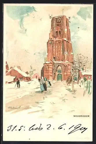 Lithographie Woudrichem, Ortspartie mit Turm im Schnee