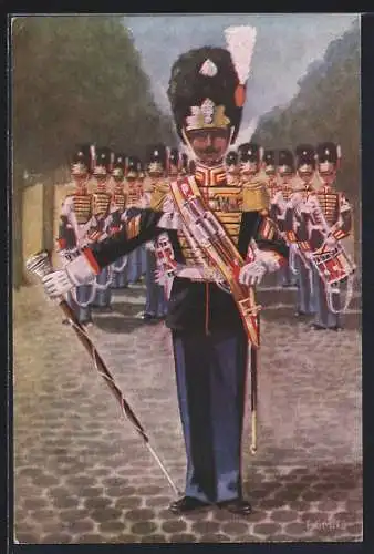 Künstler-AK Garderegiment Grenadiers, Ceremoniele tenue Tamboer-majoor en drumband