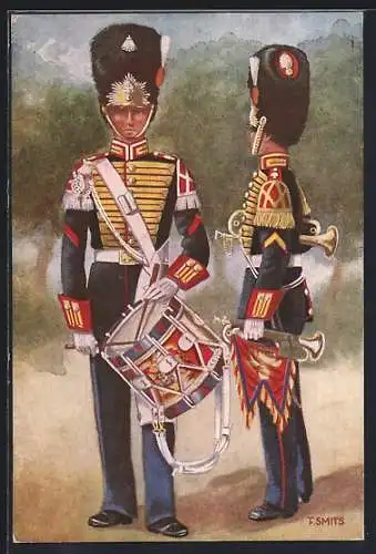 Künstler-AK Garderegiment Grenadiers, Ceremoniele tenue Tamboer der 1ste klasse en Korporaal hoornblazer