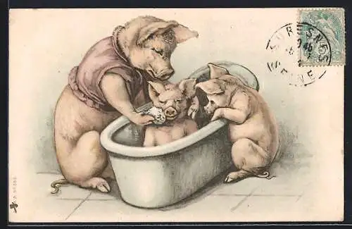 Lithographie Sau wäscht Ferkel in Badewanne