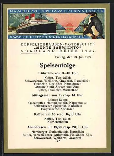 AK Passagierschiff Monte Sarmiento, Nordland-Reise 1927, Menükarte vom 29.07.1927