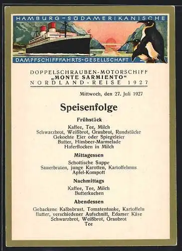 AK Passagierschiff Monte Sarmiento, Nordlandreise 1927, Menükarte 27.07.1927