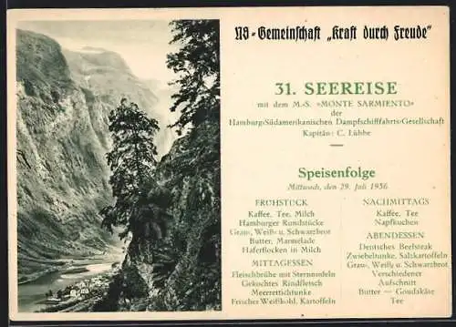 AK Kraft durch Freude, 31. Seereise mit dem MS Monte Sarmiento 1936, Speisenfolge 29.07.1936