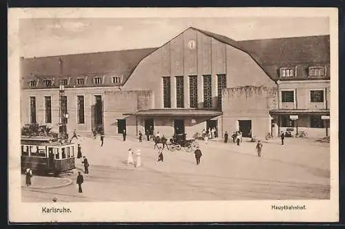 AK Karlsruhe, Strassenbahn vor dem Hauptbahnhof