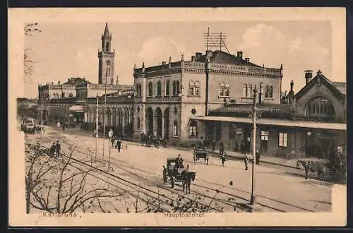 AK Karlsruhe, Hauptbahnhof mit Kutschen und Passanten