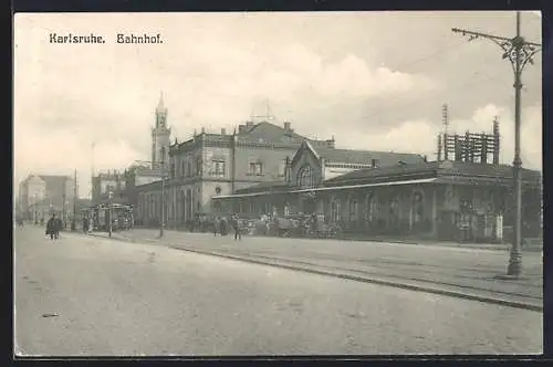 AK Karlsruhe, Bahnhof und Strassenbahn