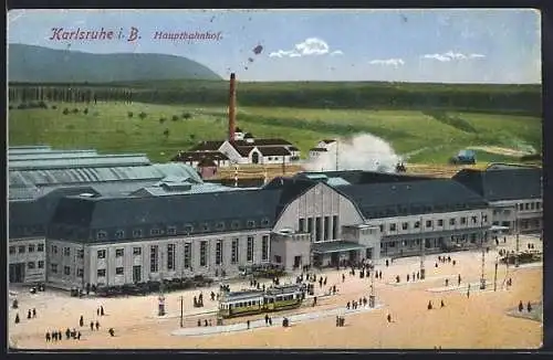 AK Karlsruhe, Blick auf den Hauptbahnhof, Strassenbahn