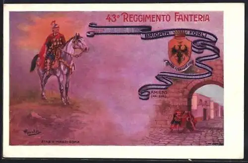 Künstler-AK 43 Reggimento Fanteria, Brigata Forli, Italienisches Infanterie-Regiment, Römischer Kavallerist