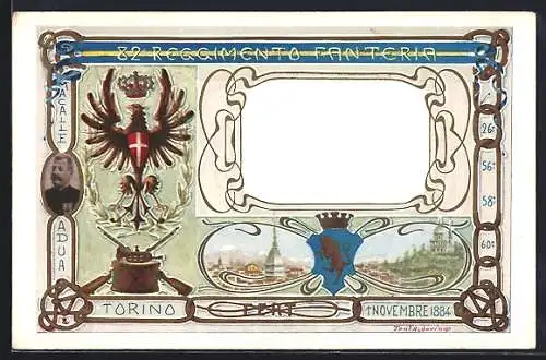 Künstler-AK Torino, 82 Reggimento Fanteria 1884, Macalle Adua, Teilansichten, Adler mit Wappen