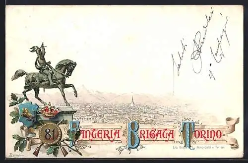 Lithographie Torino, Fanteria Brigata Torino, 81. italienisches Regiment, Reiterstatue