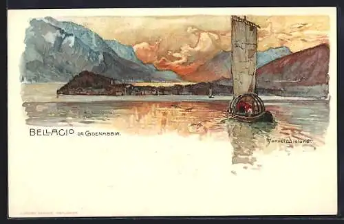 Künstler-Lithographie Manuel Wielandt: Bellagio, da Cadenabbia, Panorama mit Segelboot