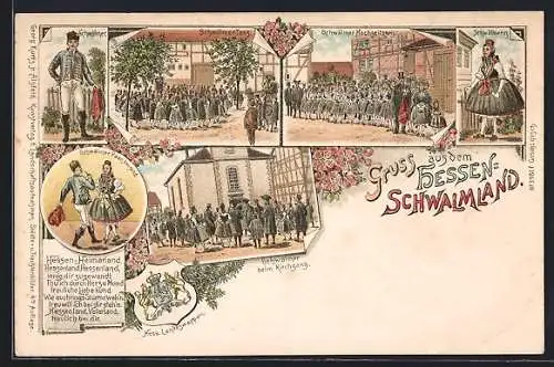 Lithographie Hessen-Schwalmland, Schwälmer Tanz, Schwälmer Hochzeitszug, Schwälmerin in Tracht