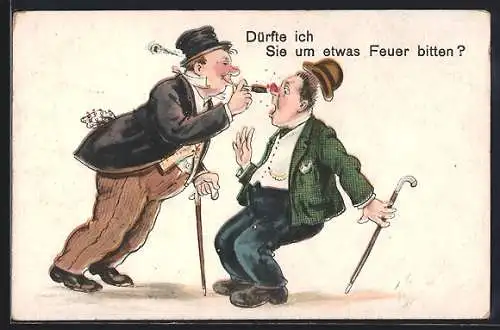 Künstler-AK Willi Scheuermann: Dürfte ich Sie um etwas Feuer bitten?, Mann zündet die Zigarrare an einer Männernase an