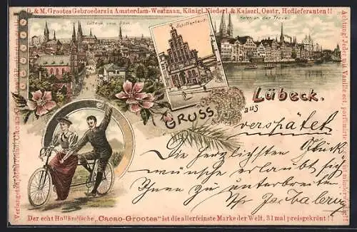 Lithographie Lübeck, Ortsansicht vom Dom aus, Schifferhaus, Hafen an der Trave, Tandem