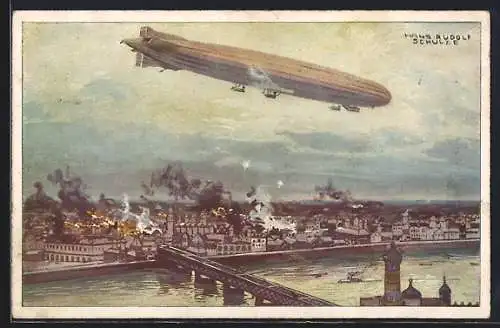 Künstler-AK Warschau-Warszawa, Zeppelin überfährt den Ort und bombardiert ihn