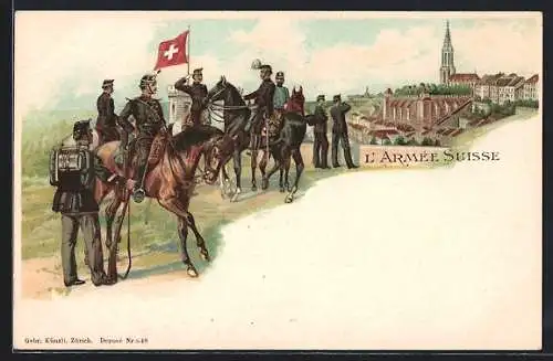 AK L'Armee Suisse, Soldaten blicken auf die Stadt