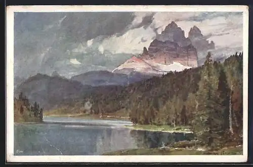 Künstler-AK Edward Harrison Compton: Dolomiten, Misurinasee mit den drei Zinnen