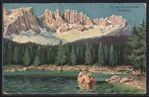 Künstler-AK Rudolf Alfred Höger: Der Karersee mit Latemar, Dolomiten