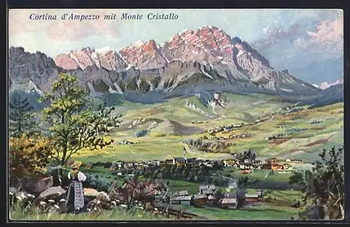 Künstler-AK Hans Treiber: Cortina d`Ampezzo, Panorama mit Ort und Monte Cristallo