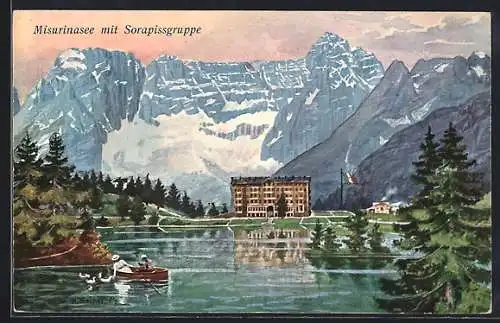 Künstler-AK Hans Treiber: Misurinasee, Panorama mit Sorapissgruppe