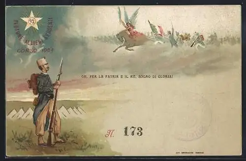 Lithographie 92. italienisches Regiment, Soldaten jagen Engel auf Pferd