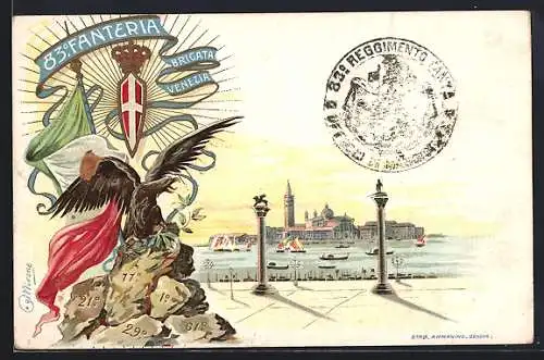 Lithographie Venezia, 83. Fanteria Brigata Venezia, Adler, Wappen, Blick nach Venedig