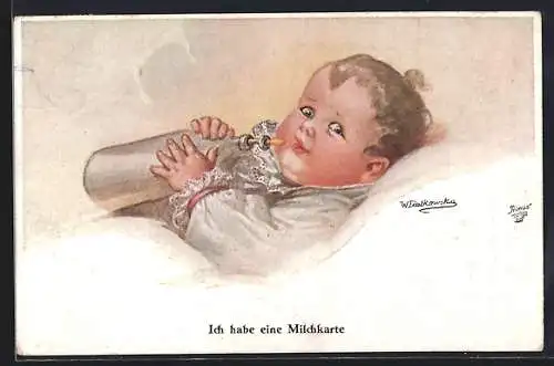 Künstler-AK Wally Fialkowska: Baby mit Milchflasche