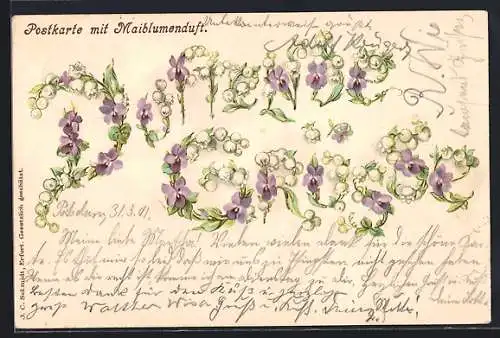 Duft-AK Schriftzug aus Maiblumen mit Duft