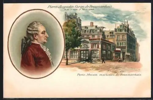 Lithographie Pierre-Augustin Caron de Beaumarchais, Paris-Maison mortuaire de Beaumarchais