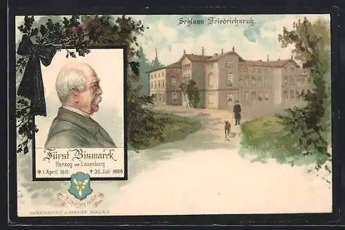 AK Friedrichsruh, Fürst Bismarck im Portrait, Schloss Friedrichsruh mit Hund, Wappen