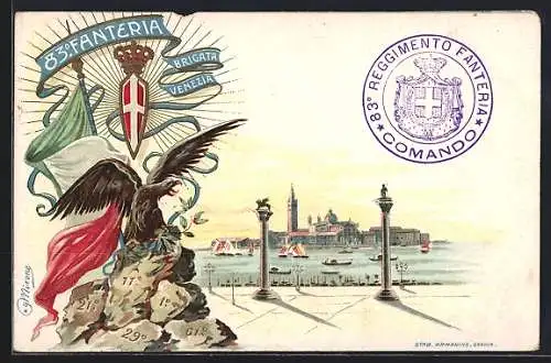 Lithographie Venezia, 83. Fanteria Brigata Venezia, Adler, Wappen, Blick nach Venedig