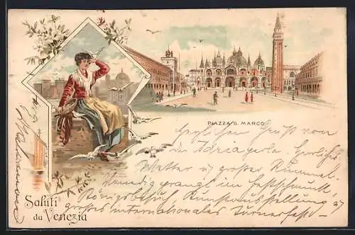 Lithographie Venezia, Piazza S. Marco, Frau füttert Tauben