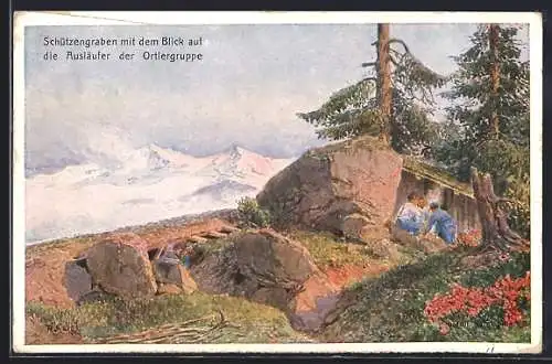 AK Rotes Kreuz Nr. 214, Schützengraben mit dem Blick auf die Ausläufer der Ortlergruppe