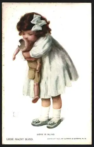 AK Liebe macht blind, Kleines Mädchen drückt lädierte Puppe an sich
