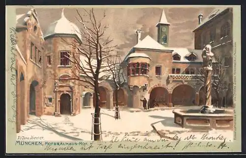 Künstler-Lithographie Zeno Diemer: München, Hofbräuhaus-Hof im Winter