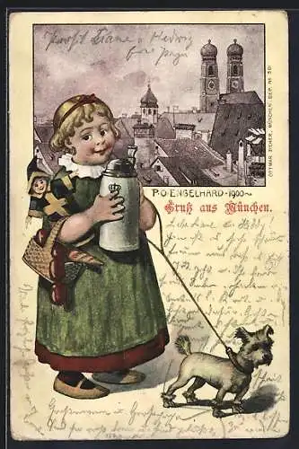 Passepartout-Lithographie München, Blick zur Frauenkirche, Mädchen mit Münchner Kindl-Puppe und Bierkrug, Hund