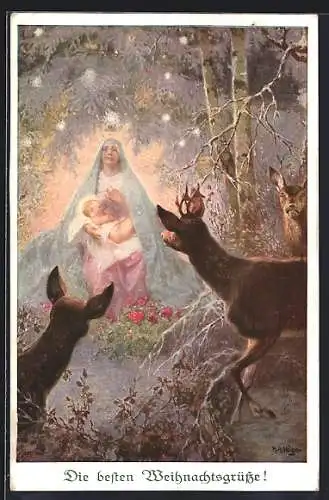 Künstler-AK Rudolf Alfred Höger: Die besten Weihnachtsgrüsse!, Rehe und Maria mit Jesus