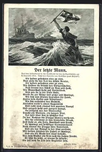 Künstler-AK Hans Bohrdt: Der letzte Mann mit Reichskriegsfahne, Seeschlacht bei den Falklandinseln, 1914