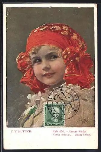 Künstler-AK C.V.Muttich: Portrait Mädchen mit Kopftuch