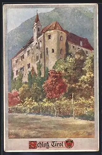 Künstler-AK E.F. Hofecker: Schloss Tirol, Ansicht mit Bergpanorama, Deutscher Schulverein