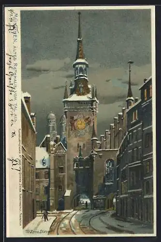 Künstler-Lithographie Zeno Diemer: München, Altes Rathaus vom Tal aus