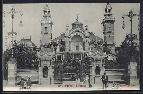 AK Zürich, Tonhalle im Sonnenschein, Fahrradfahrer