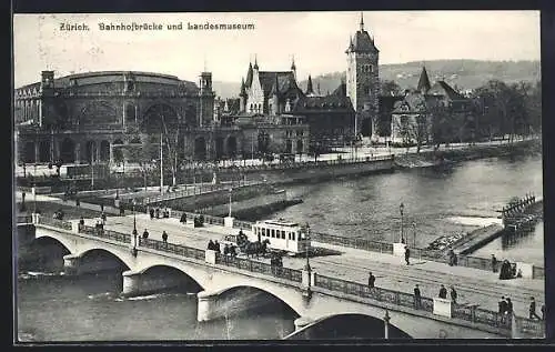 AK Zürich, Bahnhofbrücke und Landesmuseum, Strassenbahn