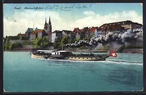 AK Basel, Salondampfer auf dem Rhein unter Volldampf