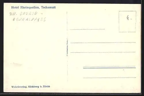 AK Tschamutt, Ortsansicht aus der Vogelschau mit Hotel Rheinquellen