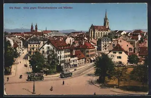 AK Basel, Teilansicht mit Elisabethenkirche, Strassenbahn und Münster aus der Vogelschau