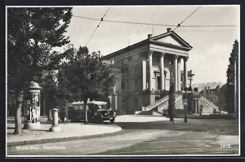 AK Winterthur, Stadthaus mit Strasse, Litfasssäule, Hydrant, Bus