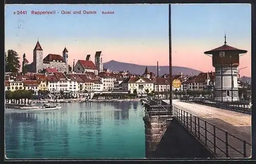 AK Rapperswil, Quai und Damm, Panorama mit Bachtel und Turm