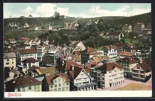 AK Herisau, Totalansicht mit Blick auf Platz und Strasse aus der Vogelschau