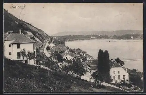 AK Vingelz, Totalansicht mit Strasse und Wasserblick aus der Vogelschau